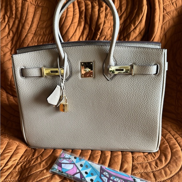 Tan Genuine Leather, Birkin-Inspired Tote with Gold Lock - Picture 12 of 12